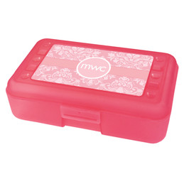 initials on pink damask pencil box for kids