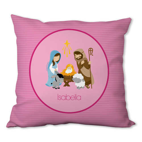 Nativity Set on Pink Personalized Pillow