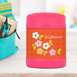 orange preppy flowers personalized thermos food jar for kids