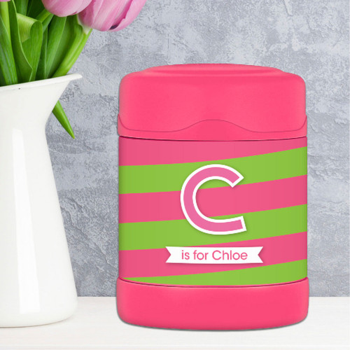 pink double initial and stripes personalized thermos food jar for kids