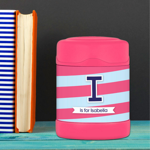 blue and pink double initial and stripes personalized thermos food jar for kids