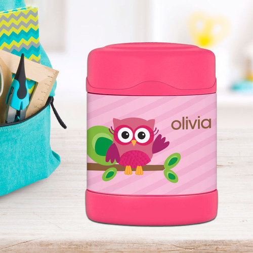pink owl personalized thermos food jar for kids