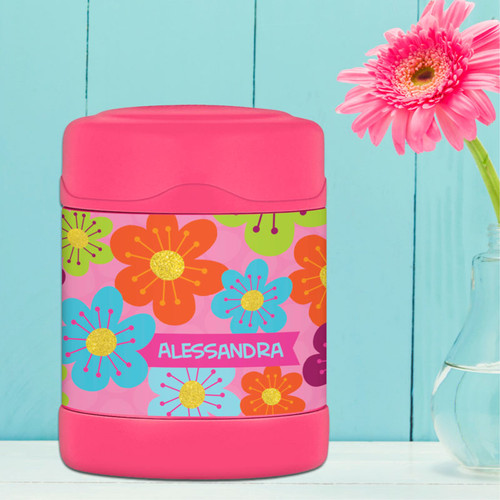 shiny bold flowers personalized thermos food jar for kids