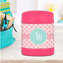pretty pink quatrefoil personalized thermos food jar for kids
