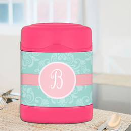 pretty blue damask personalized thermos food jar for kids