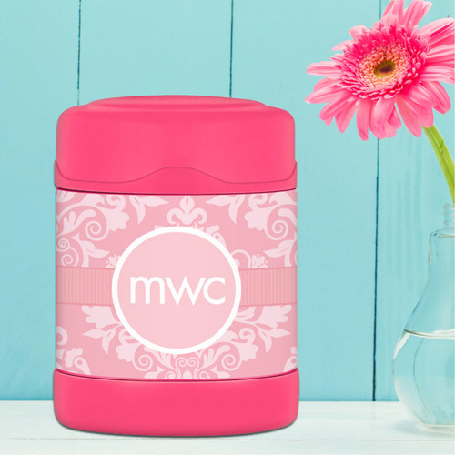 pink sweet damask personalized thermos food jar for kids
