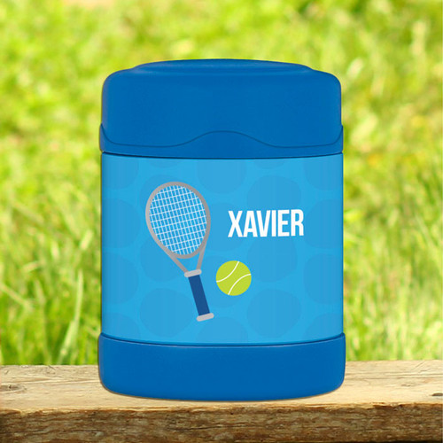 blue tennis fan racquet personalized thermos food jar for kids
