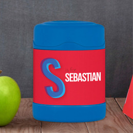 red double initial personalized thermos food jar for kids