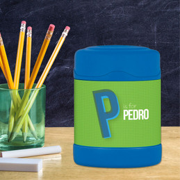 green double initial personalized thermos food jar for kids