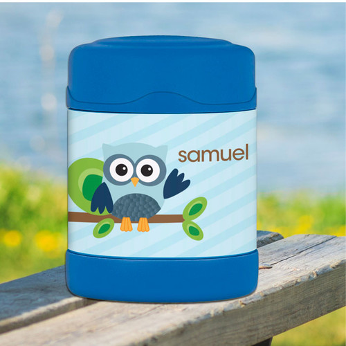 blue owl personalized thermos food jar for kids