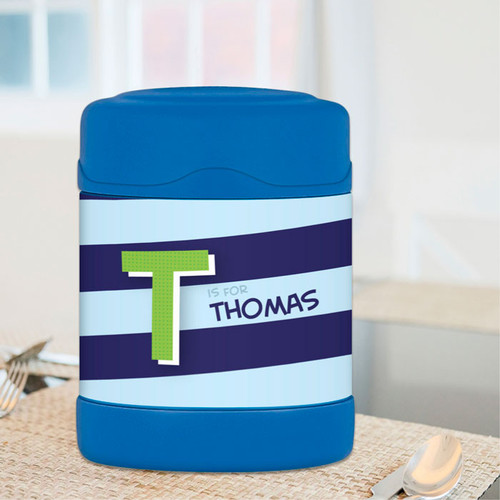 brilliant blue initial personalized thermos food jar for kids