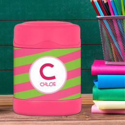 pink fun initials personalized thermos food jar for kids