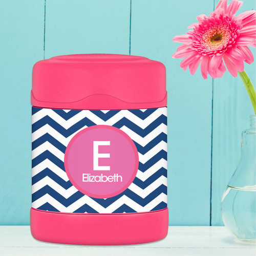 blue and pink chevron personalized thermos food jar for kids