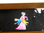 Mid 1800s Hand Painted Glass Magic Slide in Cedar Frame with Mother & Boy