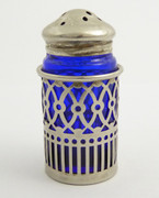 Antique Silver Plated Condiment Blue Glass Shaker 