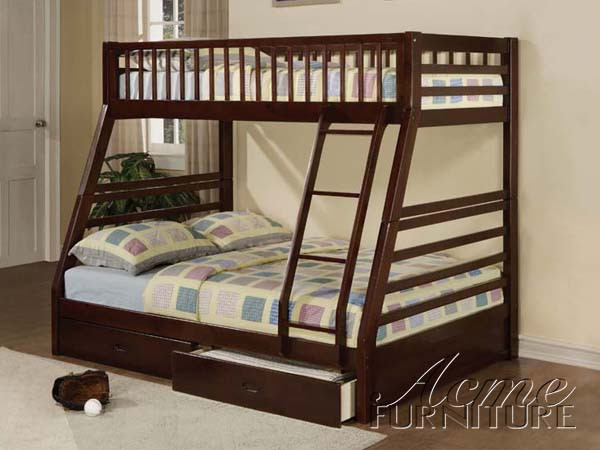 Ac02020 Jazz Espresso Or Honey Oak Solid Wood Twin Full Bunk Bed With Drawers Inland Empire Furniture