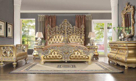 Tenaya Gold Formal Leather Bed With Elegant Carvings