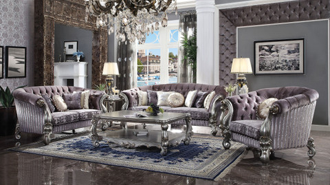 AC56825 - Mathis Platinum Chenille and Velvet Formal Sofa, Love Seat And Chair