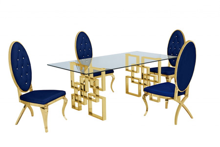 BQ-D222 - Paiva Modern Glass Top 5 Piece Dining Set with Gold Base with Navy Blue Chairs