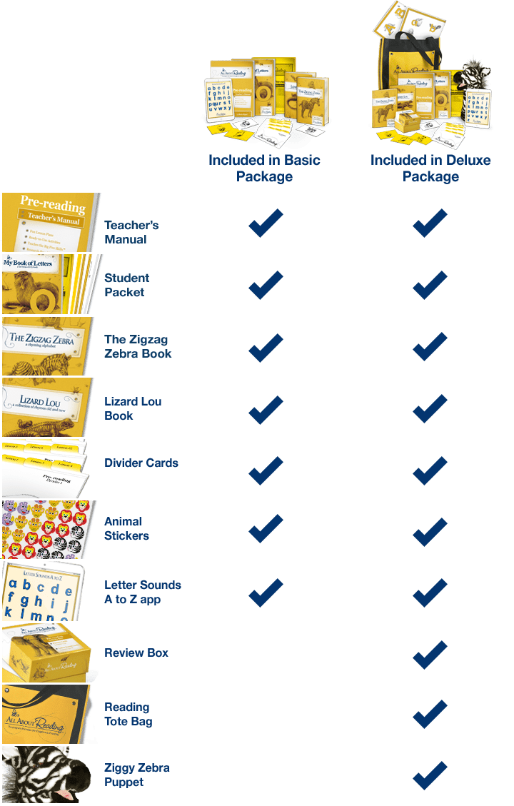 Chart of what's included in the Reading Interactive Kit