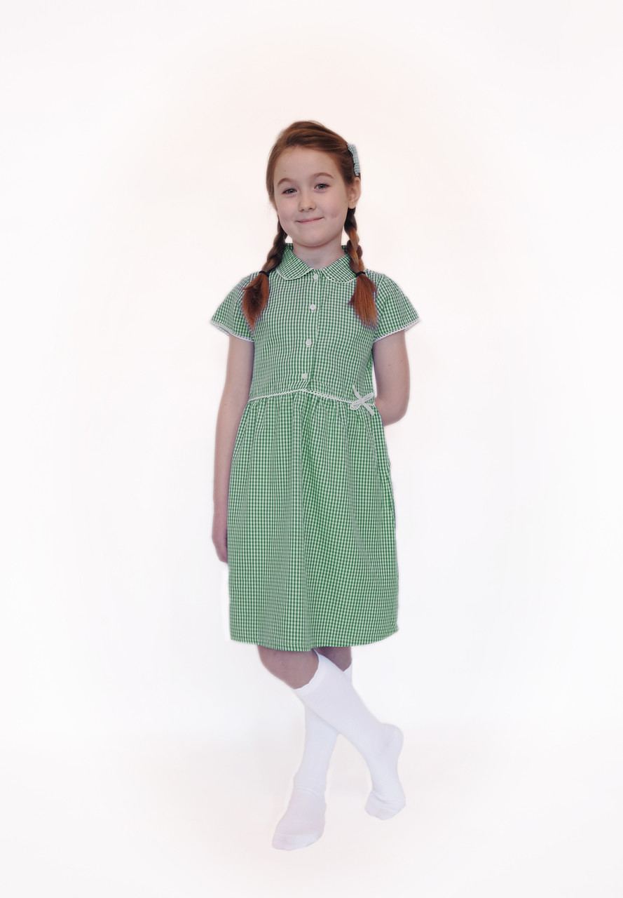 Organic School Uniform Green Summer Gingham Checked Dress