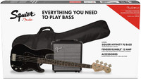 Squier Affinity Series Precision Bass PJ Electric Guitar Pack with Rumble 15 120V Amplifier, Maple Fingerboard, Black