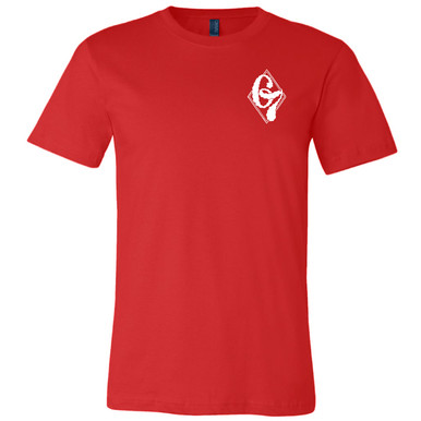 "67 Classic Logo" in White on Red, Unisex Tee.