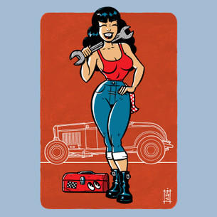 "Hot Rod Bettie" -- By Stovepipe (on Light Blue Tee)