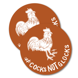 Two "#CocksNotGlocks Rooster" Burnt Orange 3" Stickers