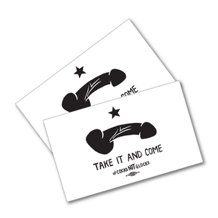 Two "Take It and Come" White 5" x 3" Stickers
