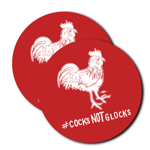 Two "#CocksNotGlocks Rooster" Red 3" Stickers