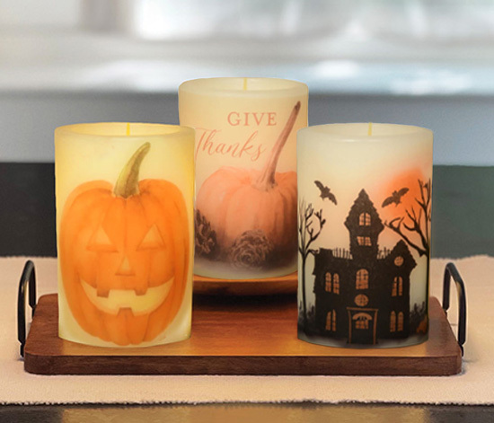 Wood tray with fall and halloween style pillar candles