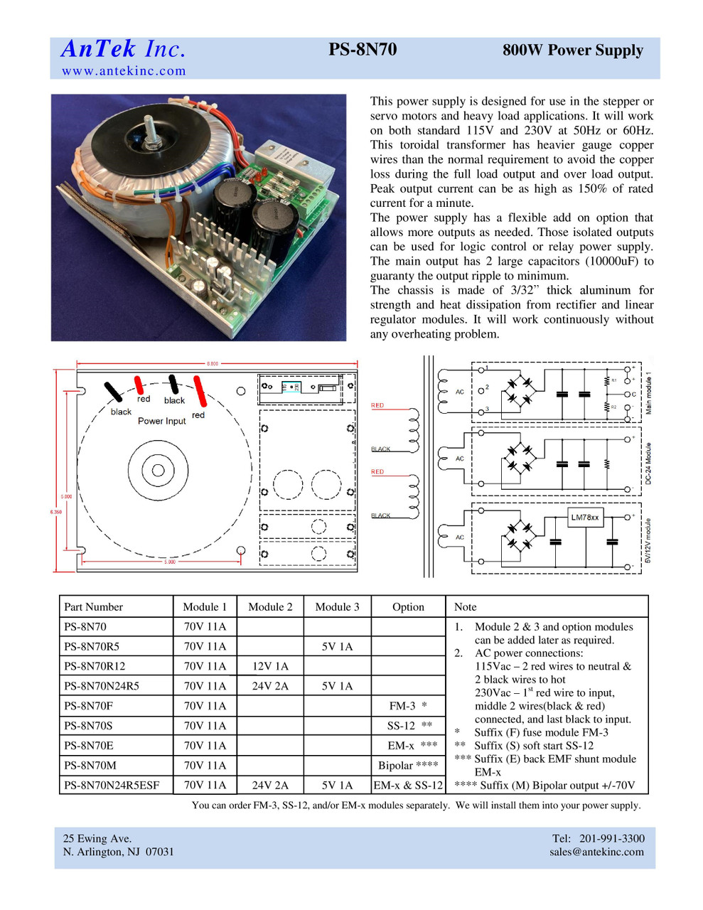 PS-8N70 - 800W 70V Power Supply - AnTek Products Corp
