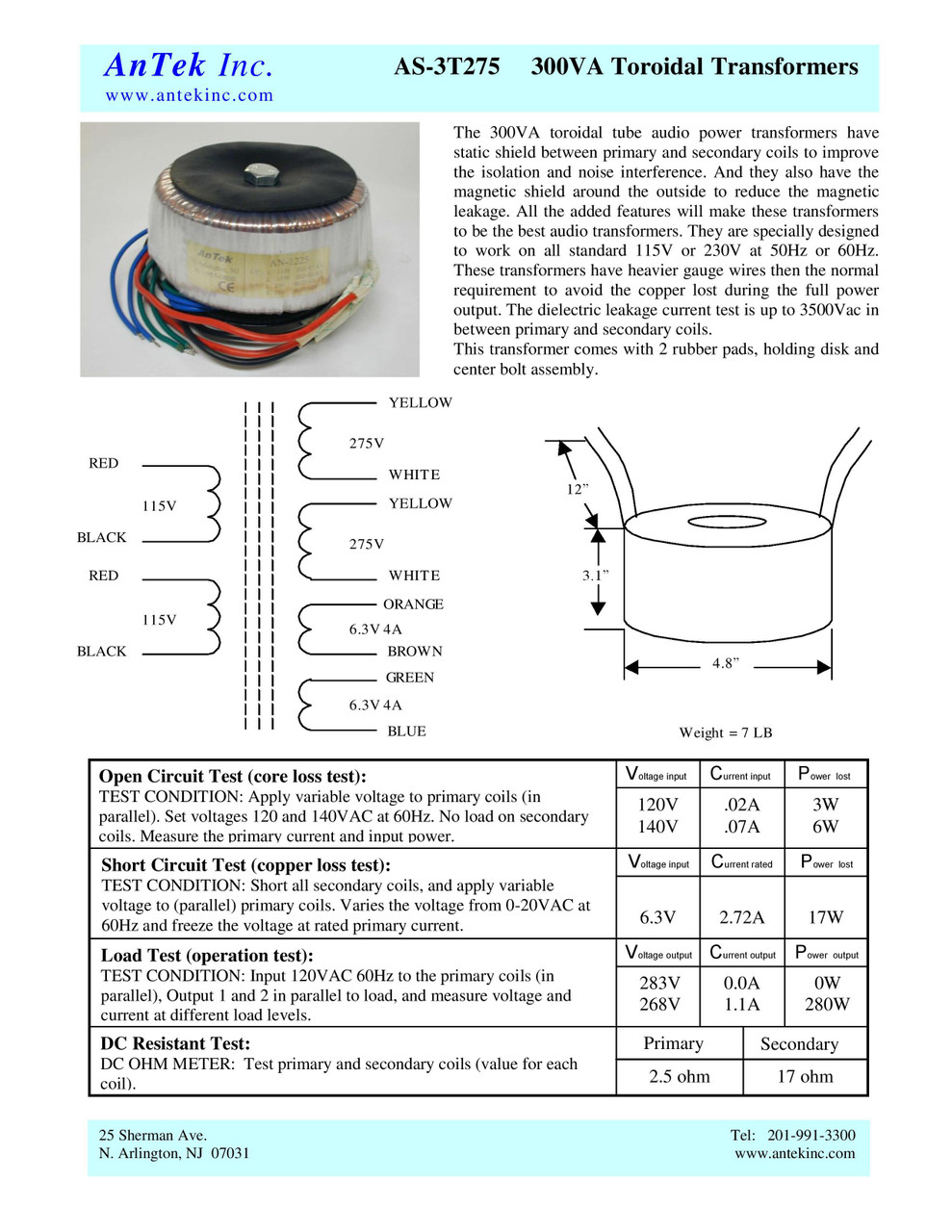Antek AN-0235 Leistungstransformator – 25VA, 35V + 35V (70VCT), USA