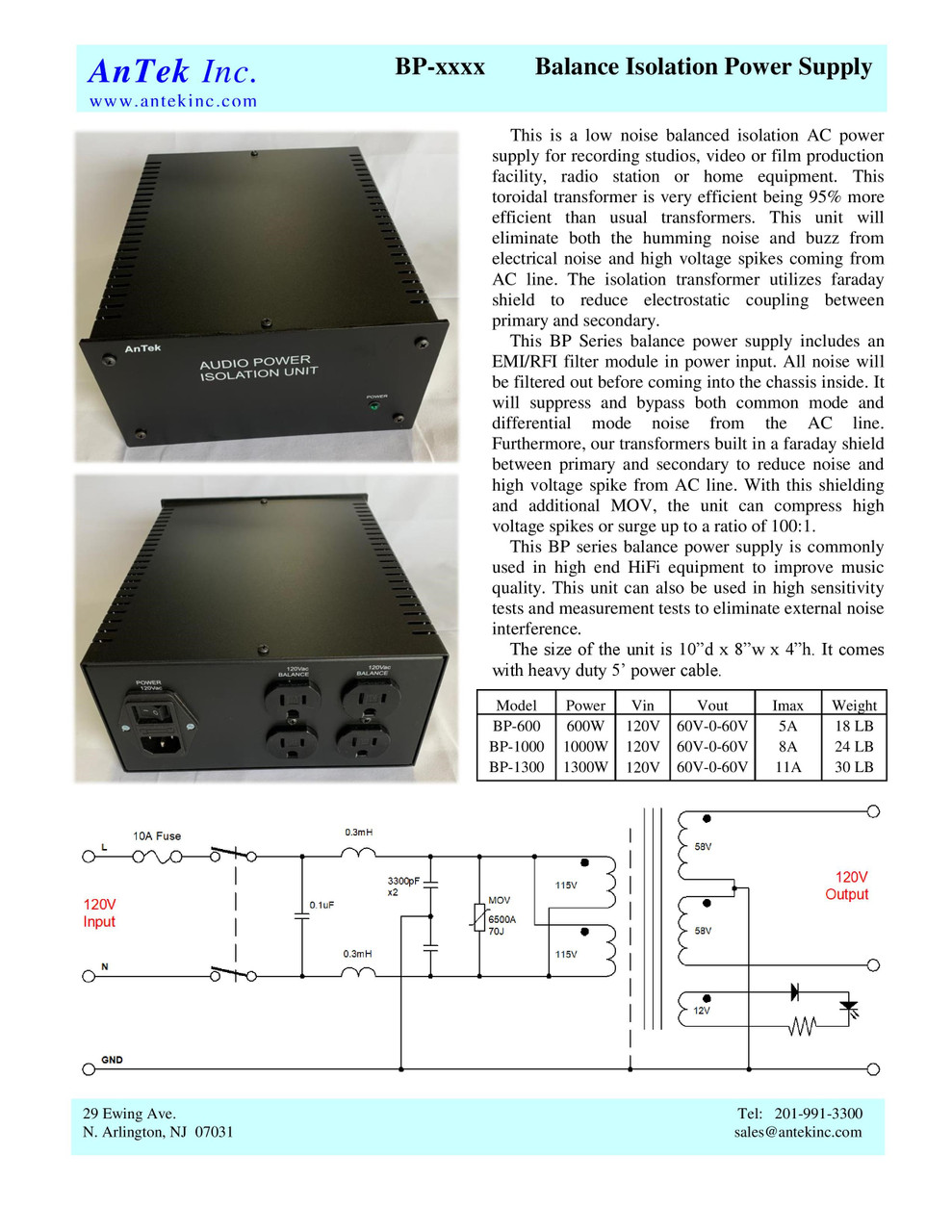 BP-1000 Balance Isiolation Power Supply - AnTek Products Corp