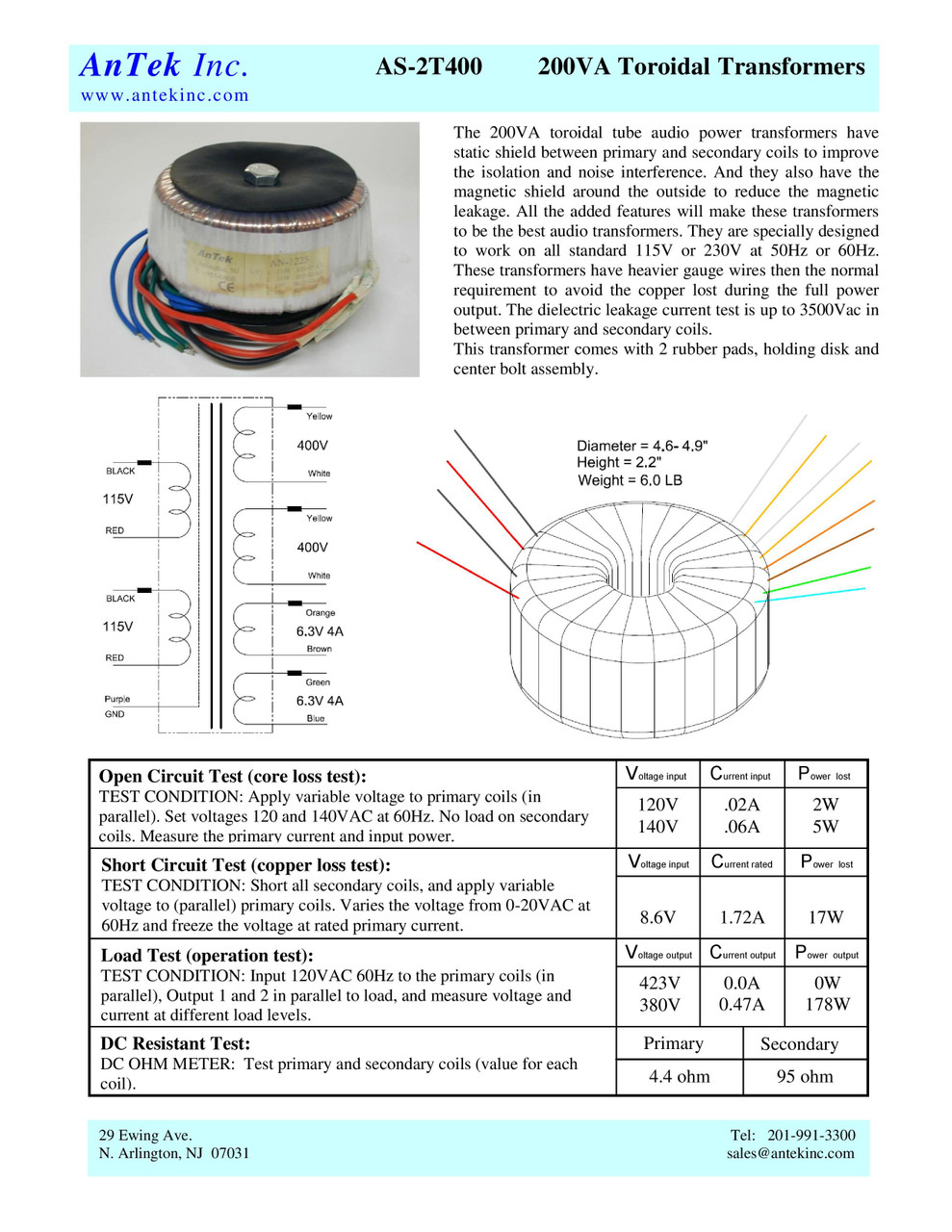 AS-2T400 - 200VA 400V Tube Transformer - AnTek Products Corp