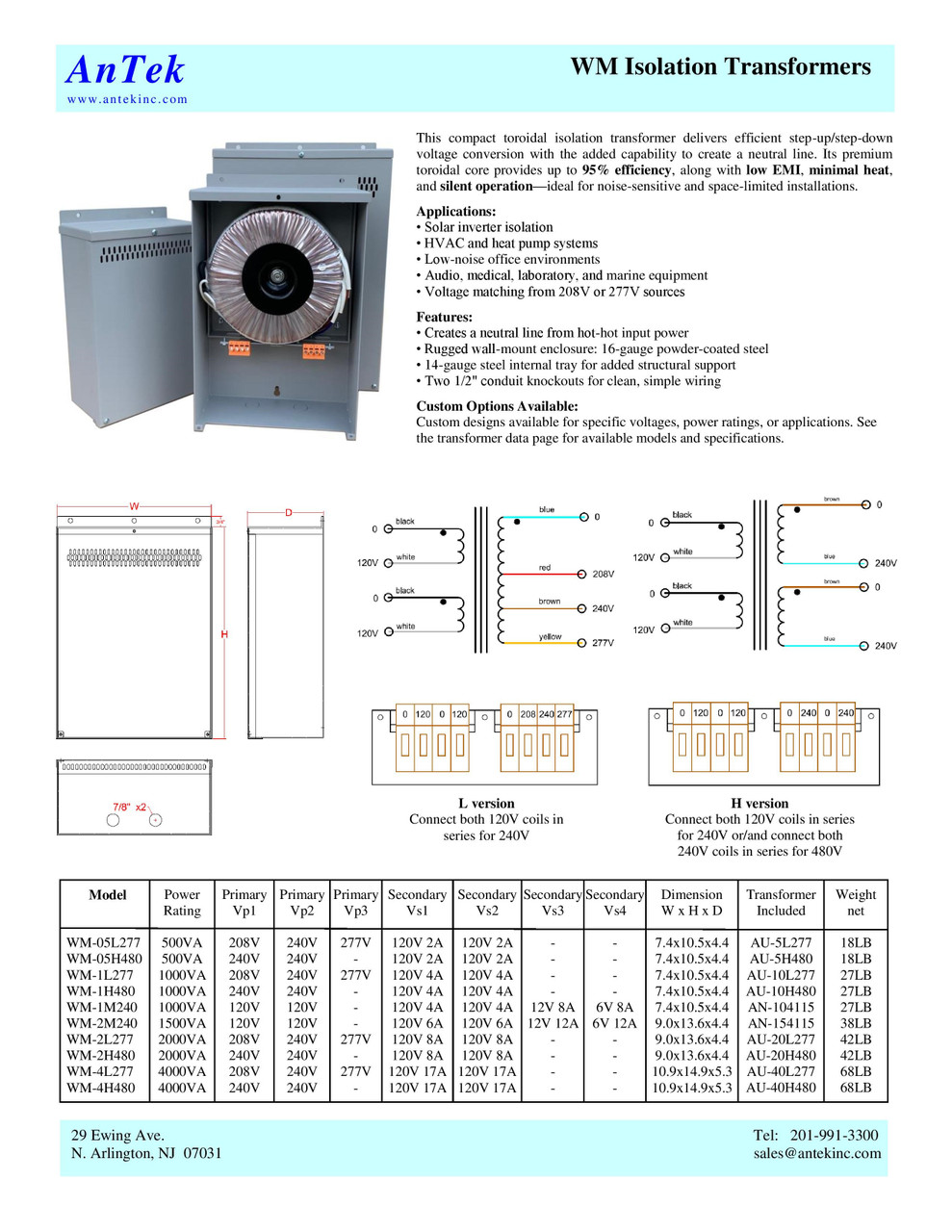 Transformateur Mural WM-10H480 1kVA 120/240V Vers 240/480V - Antek Inc Neuf