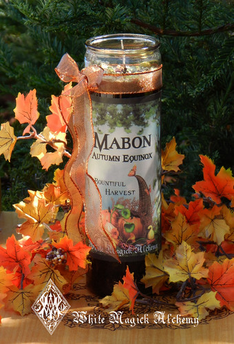 Mabon Autumn Equinox Glass Vigil Candle . Harvest Celebrations and Feasting Tables