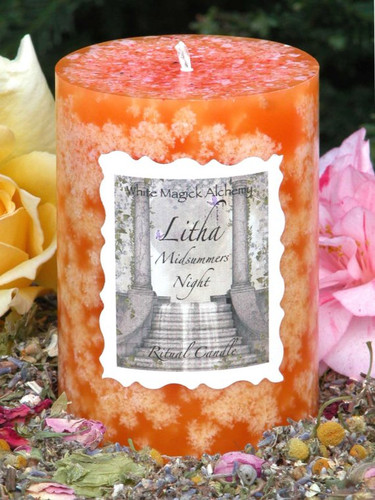 Litha Midsummers Night Ritual Candle 2x3 Pillar for Summer Solstice . Lemon, Madagascar Vanilla Bean and Sweet Cream