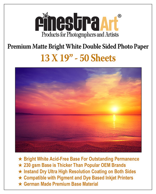 13x19" 50 Sheets Premium Matte Bright White Inkjet DS Photo Paper 230gsm