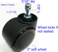 50mm caster 38mm cup barrel with auto lock.  Soft wheel will not damage the hardwood floor and auto lock prevents chair from sliding away and personal injury