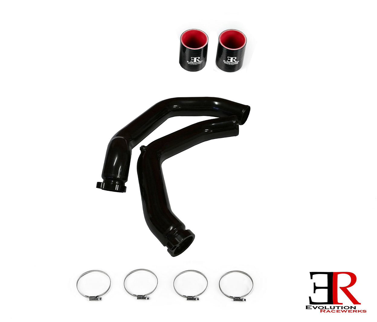 evolution racewerks bmw s55 m3 m4 charge pipe shown in anodized black finish. this CP Fit the F80 and F82 chassis