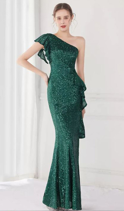 Emerald stretch sequin one shoulder gown - Image 1