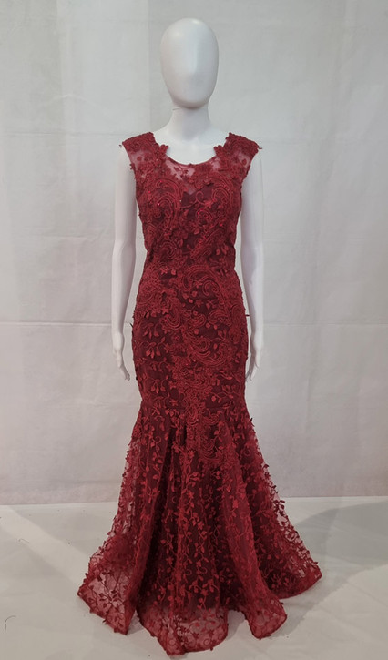 EMBROIDERED LACE WITH SCATTERED STONES RED CARPET FIT & FLARE GOWN - IMAGE 1