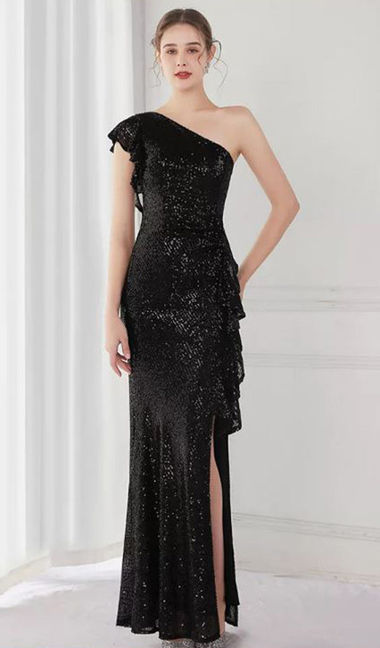 One shoulder evening dress stretch sequin with side split - Image 1