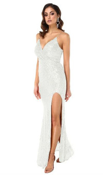 Stretch Sequin White Glitz & Glam Gown With Split Style EC34W