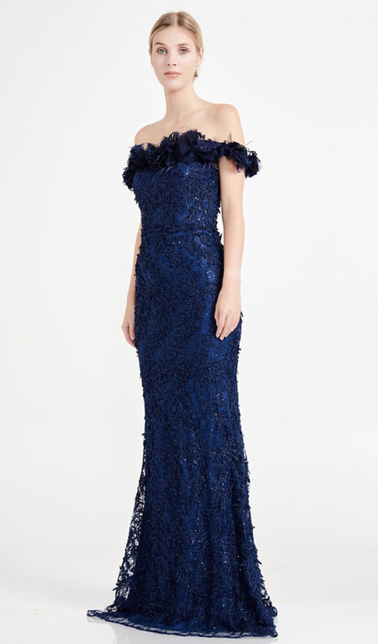 Off shoulder lace evening gown with neck detailing - Image 2