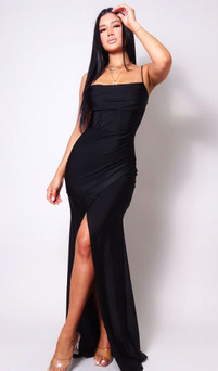 Black corset stretch satin wrap formal gown - Image 1