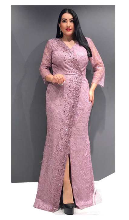 Long sleeve lace wrap gown with side beading - Image 1