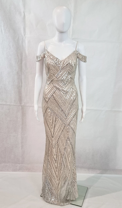 FLATTERING SILVER NUDE STRETCH SEQUIN PATTERN EVENING GOWN - IMAGE 1